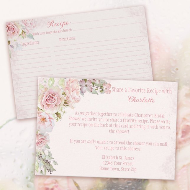 Pink Roses Bridal Shower Recipe Enclosure Card  (Pink Roses Bridal Shower Recipe Enclosure Cards. 
Invite the Guests to share a favorite recipe.)