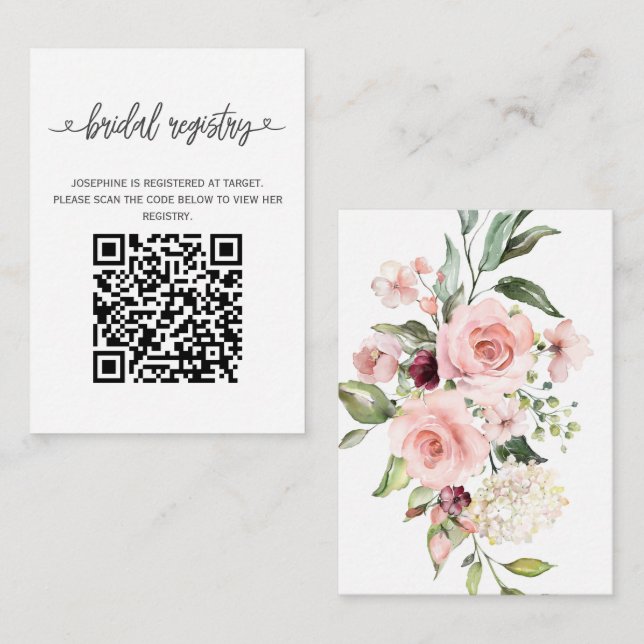 Pink Roses bridal shower registry with QR code Enclosure Card (Front/Back)