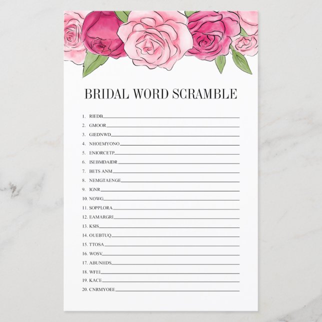 Pink Roses Bridal Shower Word Scramble Game Card (Front)