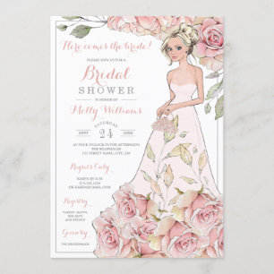 Pink Roses Bride Bridal Shower Invitation