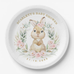 Pink Roses Bunny Easter Rabbit Girl Baby Shower Paper Plate