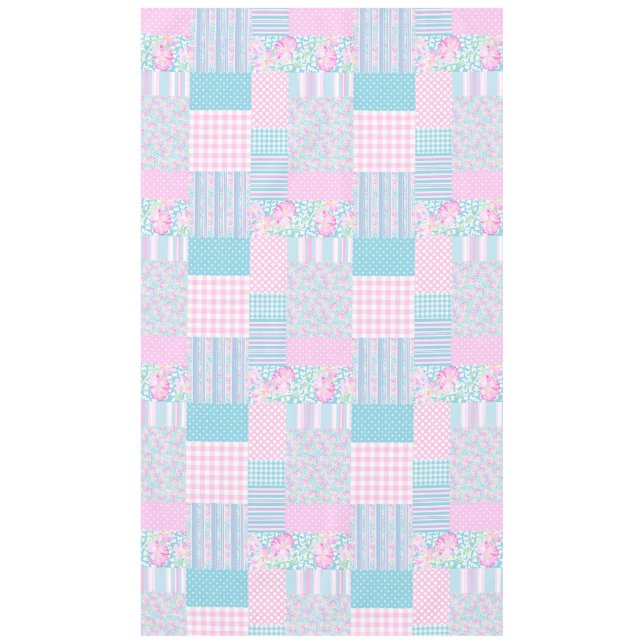 Pink Roses, Butterflies Faux Patchwork Tablecloth (Front)