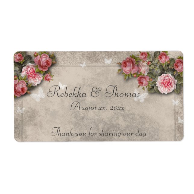 Pink Roses & Butterflies Wine / Water Bottle Label (Front)