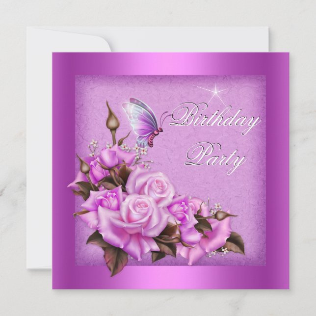 Pink Roses Butterfly Floral Birthday Party Invitation (Front)