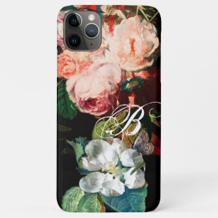 PINK ROSES,BUTTERFLY,WHITE FLOWER FLORAL MONOGRAM iPhone 11 PRO MAX CASE