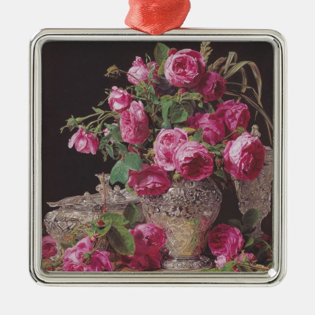 Pink Roses (by Ferdinand Georg Waldmüller) Metal Ornament (Front)