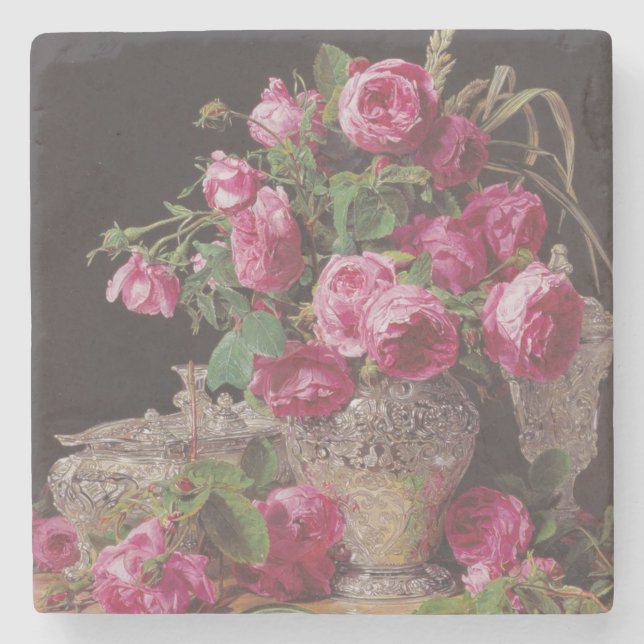 Pink Roses (by Ferdinand Georg Waldmüller) Stone Coaster (Front)