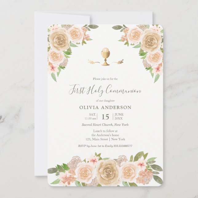 Pink roses calice First Communion Invitation (Front)
