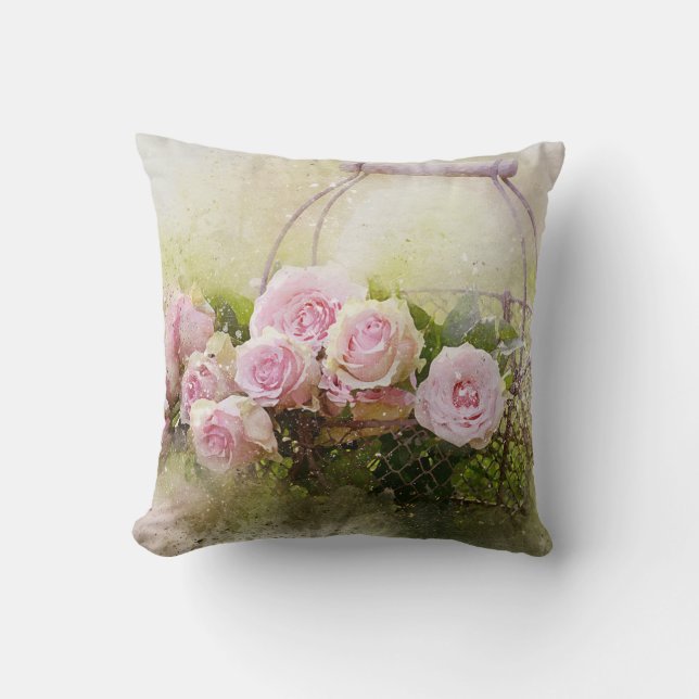 Pink roses / carnations in a basket throw pillow (Front)