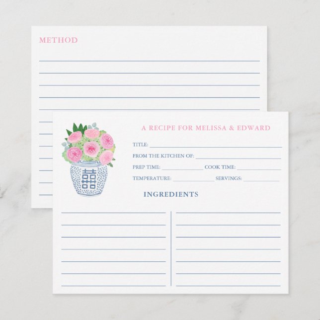 Pink Roses Chinoiserie Bridal Shower Recipe Card (Front/Back)