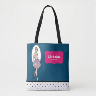 Pink Roses Cocktail Dress Fashion Illustration Tote Bag