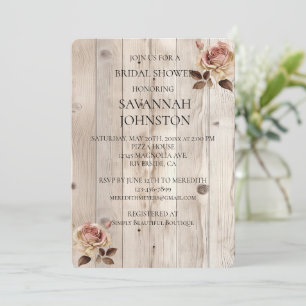Pink Roses Cream White Wood Bridal Shower Invitation