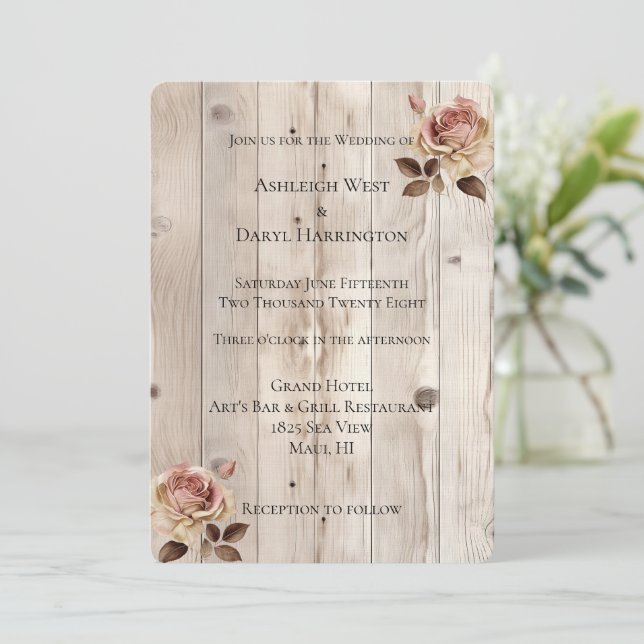 Pink Roses Cream White Wood Wedding Invitation (Standing Front)