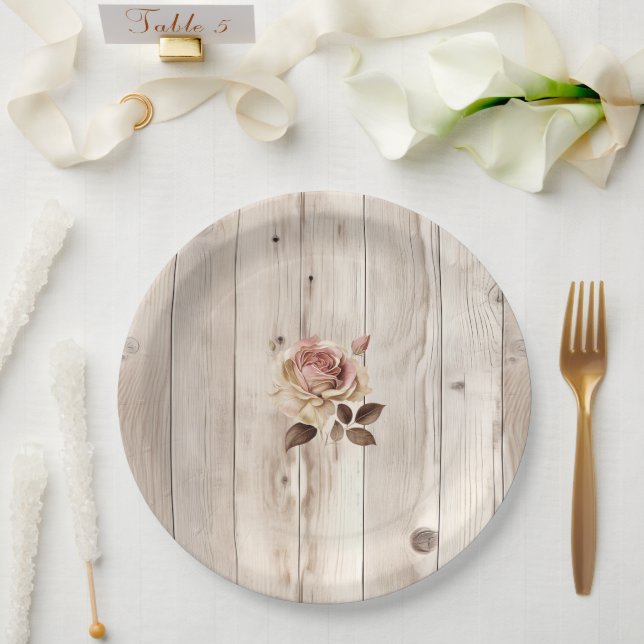 Pink Roses Cream White Wood Wedding Paper Plate (Wedding)