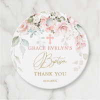 Pink Roses Cross Baptism Thank You