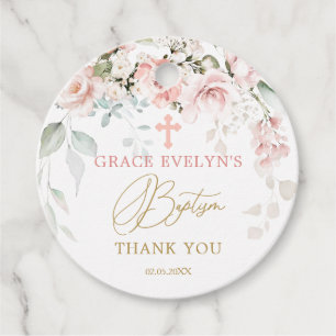 Pink Roses Cross Baptism Thank You Favour Tags