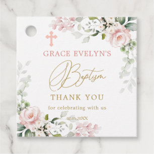 Pink Roses Cross Baptism Thank You Favour Tags