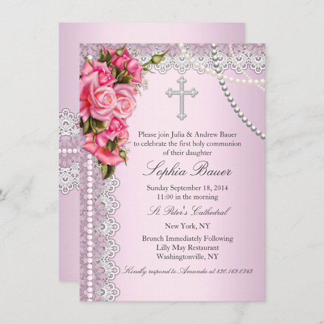 Pink Roses Cross Holy Communion or Baptism Invitation (Front/Back)