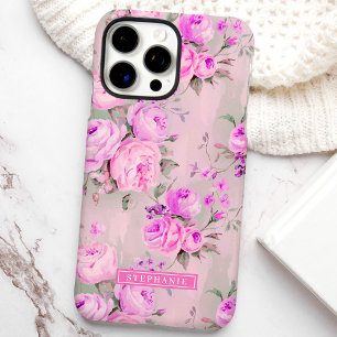 Pink Roses Custom Name Floral iPhone 16 Pro Max Case