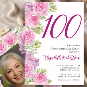 Pink Roses Custom Photo Template 100th Birthday