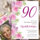 Pink Roses Custom Photo Template 90th Birthday<br><div class="desc">This pretty watercolor flowers and ferns with a photo on the back 90th birthday invitation is perfect for a feminine party. This design features a variety of pink roses and ferns, a photo template on the reverse side, and is a nice feminine choice for a special event to celebrate a...</div>