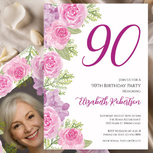 Pink Roses Custom Photo Template 90th Birthday