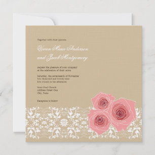 Pink Roses Damask Lace Wedding Invite & Reception