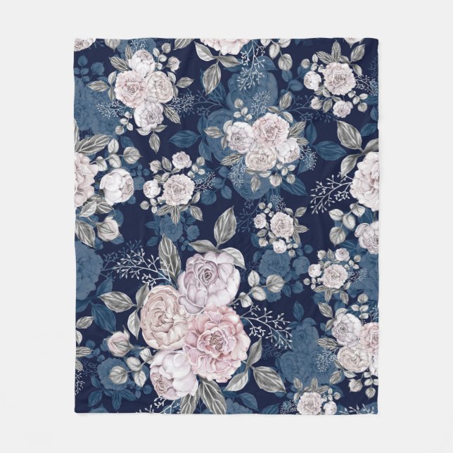 Pink Roses Dark Blue: Vintage Fleece Blanket (Front)