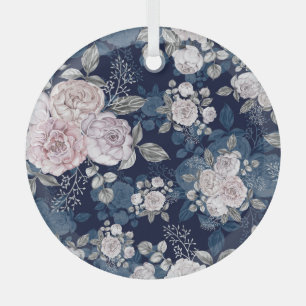 Pink Roses Dark Blue: Vintage Glass Ornament