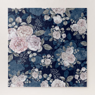 Pink Roses Dark Blue: Vintage Jigsaw Puzzle
