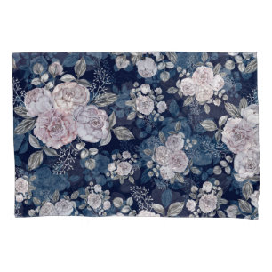 Pink Roses Dark Blue: Vintage Pillowcase