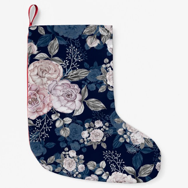 Pink Roses Dark Blue: Vintage Small Christmas Stocking (Front)