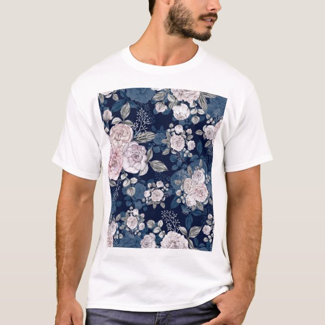 Pink Roses Dark Blue: Vintage T-Shirt (Front)