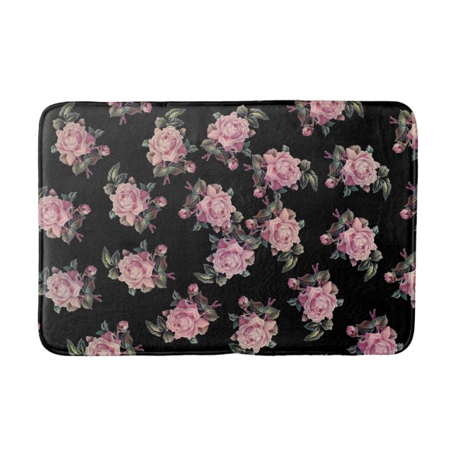 Pink Roses Dark Floral Pattern Shabby Chic Bath Mat (Front)