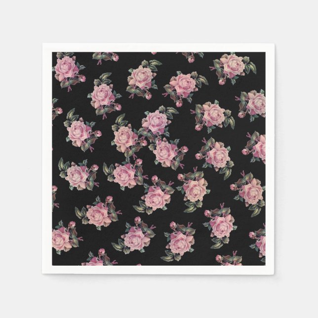 Pink Roses Dark Floral Pattern Shabby Chic Party Napkin (Front)
