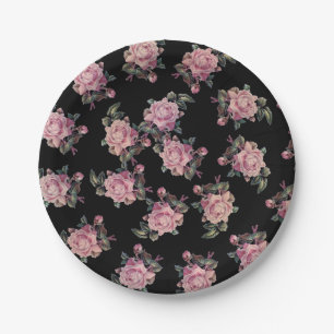 Pink Roses Dark Floral Pattern Shabby Chic Party Paper Plate