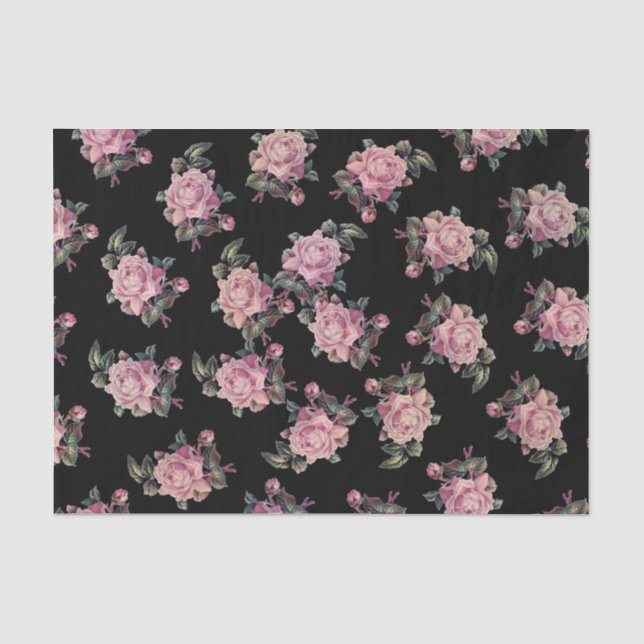 Pink Roses Dark Floral Pattern Shabby Chic Party Tissue Paper (Front)