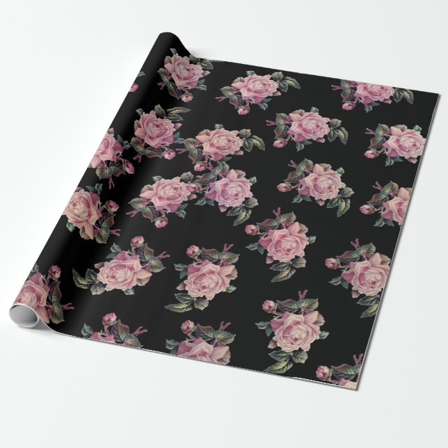 Pink Roses Dark Floral Pattern Shabby Chic Party Wrapping Paper (Unrolled)