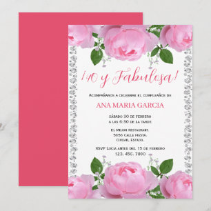 Pink Roses & Diamonds 40th Birthday Spanish Invitation