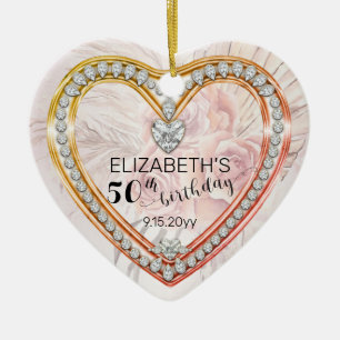 Pink Roses  Diamonds 50th Birthday Keepsake Ceramic Ornament