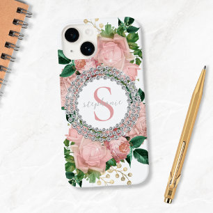 Pink Roses Diamonds Monogram Sparkly Bling Custom Case-Mate iPhone 14 Case