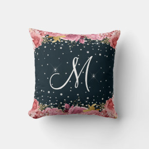 pink roses diamonds sophisticated monogram throw pillow