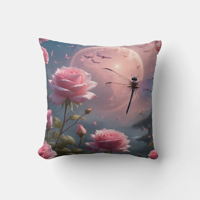 Pink Roses & Dragonfly Throw Pillow (Front)