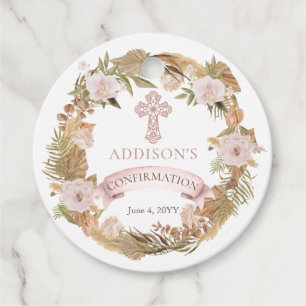 Pink Roses Dried Grasses Floral Girl Confirmation Favour Tags
