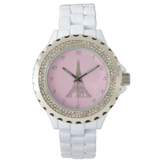 Pink Roses Eiffel Tower Topiary Clock Watch