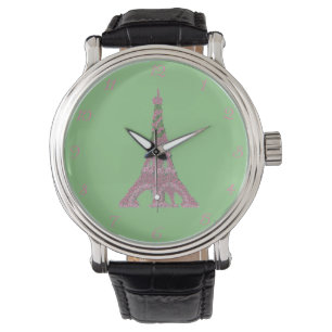 Pink Roses Eiffel Tower Topiary Clock Watch