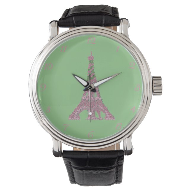 Pink Roses Eiffel Tower Topiary Clock Watch (Front)