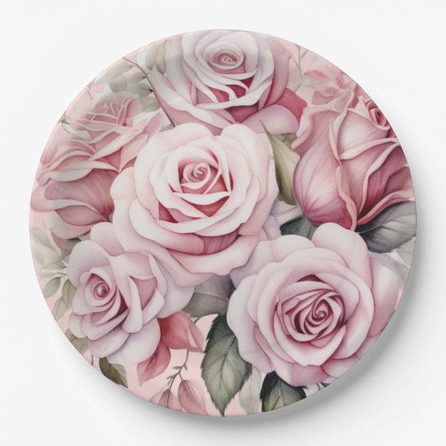 Pink Roses Elegant Wedding Paper Plate (Front)