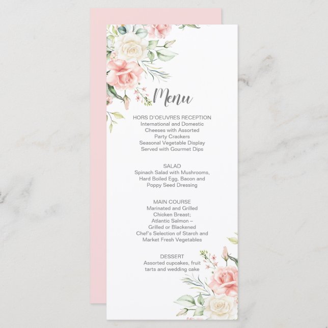 Pink Roses, Eucalyptus, Greenery Wedding Menu (Front/Back)