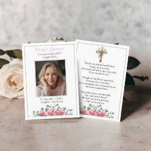 Pink Roses & Eucalyptus Memorial Photo Prayer Card